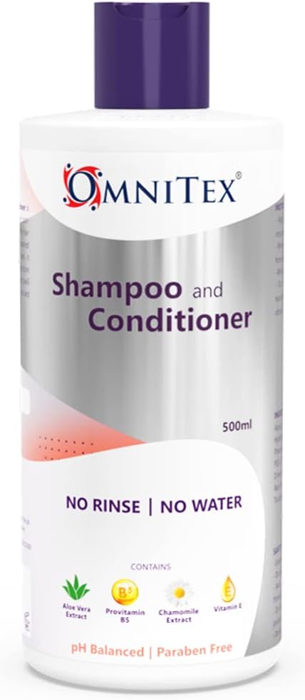 Omnitex Rinse Free Shampoo & Conditioner 500Ml | Herbal Extracts & Vitamins | No Water - No Rinse | Clean, Nourish & Protect | No Parabens, Latex, Alcohol Free | Dermatologically Tested