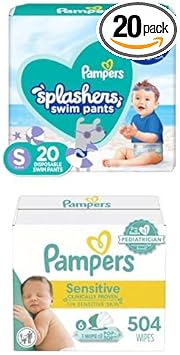 Pampers Splashers Swim Diapers - Size S, 20 Count, Gap-Free Disposabl + Pampers Sensitive Baby Wipes, Water Based, Hypoallergenic and Unscented, 6 Flip-Top Packs (504 Wipes Total) [Packaging May Vary] : Baby