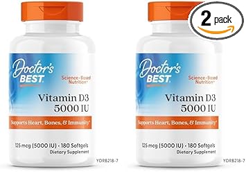 Doctor'S Best Vitamin D3 5000Iu, Non-Gmo, Gluten & Soy Free, Regulates Immune Function, Supports Healthy Bones, White, No Flavour, 180 Count (Pack Of 2)