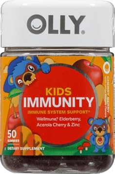 Olly Kids Immunity Gummy, Immune Support, Wellmune, Elderberry, Vitamin C, Zinc, Chewable Supplement, Cherry - 50 Count