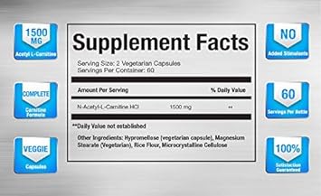 Vitamorph Carnitine 1500 - Acetyl L-Carnitine 1500mg Maximum Strength Carnitine Supplement - Supports Energy, Memory, Focus and Weight Loss Management - 120 Vegetarian Capsules : Health & Household