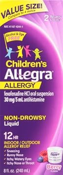 Allegra Children'S 12Hr Allergy Relief Non-Drowsy Antihistamine Liquid, Berry Flavor, Alcohol-Free & Dye-Free, Fexofenadine Hcl, 8 Oz