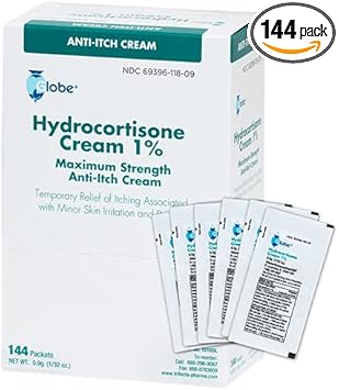 Globe (Box 144 Hydrocortisone 1% Maximum Strength Cream, (0.9G Single Packet) Anti-Itch Cream For Redness, Swelling, Itching, Rash, Bug/Mosquito Bites, Eczema, Hemorrhoids & More