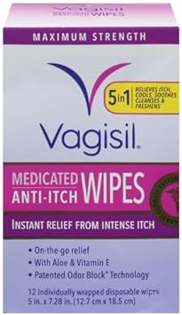 Vagisil Anti-Itch Medicated Feminine Intimate Wipes for Women, Maximum Strength, Gynecologist Tested, 12 Wipes (Pack of 1)
