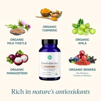 Ora Organic Skin Health Supplement - Hydration and Elasticity Support | Vegan Clear Skin Supplement Including Turmeric, Vitamin C, and Milk Thistle - 1 Month Supply, 60 Vegan Capsules