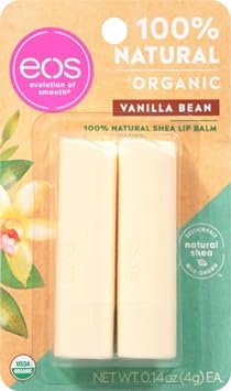 eos 100% Natural & Organic Lip Balm Sticks- Vanilla Bean, All-Day Moisture, Dermatologist Recommended, 0.14 oz, 2-Pack