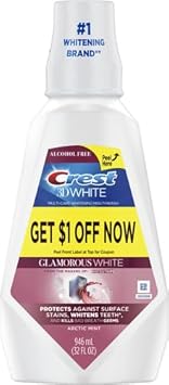 Crest 3D White Glamorous White Mouthwash, Alcohol Free Multi-Care Whitening Mouthwash, Arctic Mint, 32 Fl Oz (946 Ml)