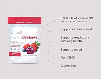 Humann Vitamin D3 Chews - High Potency Vitamin D3 5000Iu (125Mcg) Helps Support Healthy Mood, Immune Support, Respiratory Health & Bone Health, Mixed Berry Flavor, 30-Count