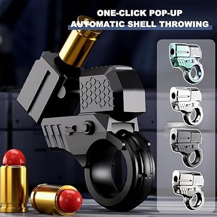 Alloy Finger Ring Launcher Toy – Spinning Fidget Ring Gun with Realistic Decompression Pistol Design | EDC Magnetic ((Shell-ejecting fingertip Pistol 1 Gun + 3 Shells + 10 Bullets), Black)