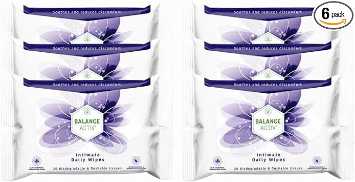 Balance Activ Intimate Wipes | Biodegradable, Flushable & pH Balancing | Natural Extracts of Aloe Vera, Mallow & Calendula to Soothe & Reduce Discomfort | 20 Wipes (Pack of 6)