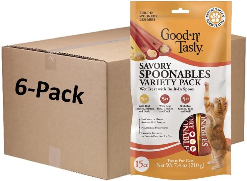 Good 'N' Tasty Savory Spoonables Variety Pack For Cats, 15 Count, Treat Your Cat To Triple Flavor Squeezable Lickable Wet Treats With Built-In Spoon For Less Mess