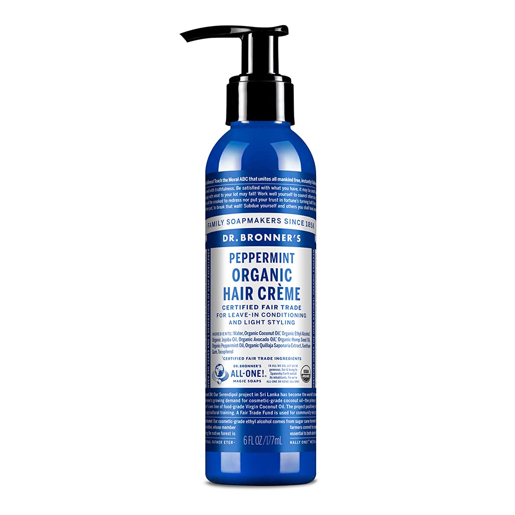 Dr. Bronner's - Organic Hair Crème (Peppermint, 6 Ounce) - Leave-In Conditioner and Styling Cream, Made with Organic Oils, Hair Cream Supports Shine and Strength, Nourishes Scalp, Non-GMO