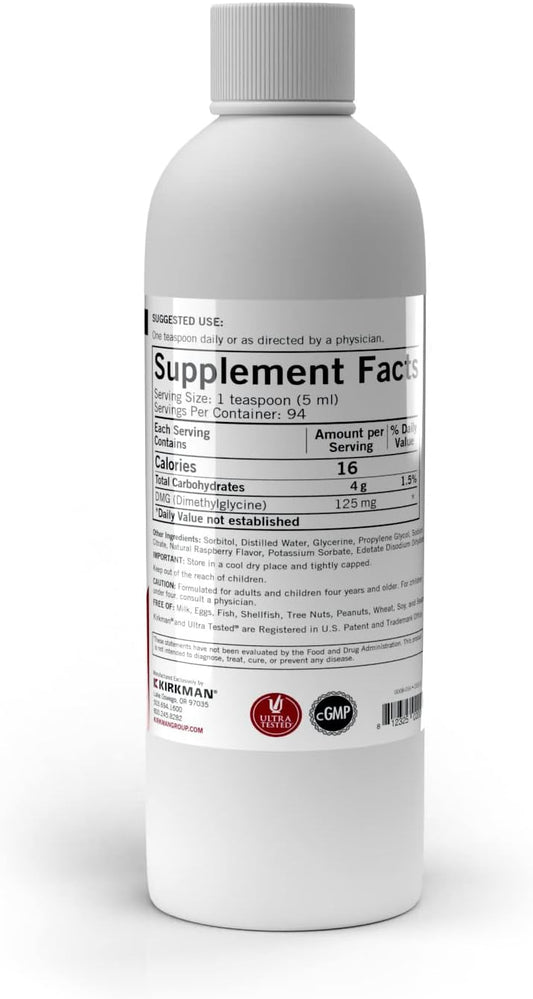 Kirkman – DMG (Dimethylglycine) Liquid –– 480 ml–16 oz Liquid –– Free of Common allergens –– Gluten–Casein Free –– Tested for More Than 950 Environmental Contaminants