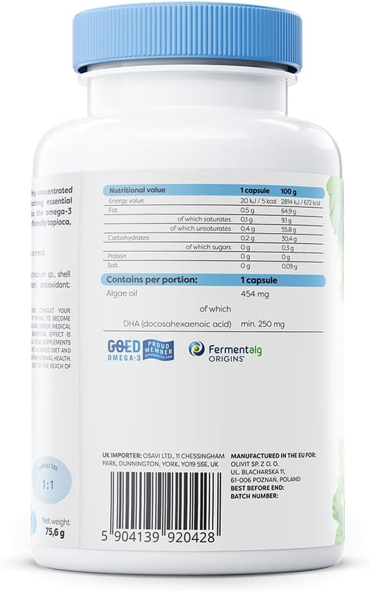 Osavi Omega–3 Vegan, 250 Mg Dha – 60 Softgels | Highly Concentrated Algae Oil From Schizochytrium Sp. | Supports Brain, Vision & Heart Health | Vegan–Friendly Tapioca Softgel