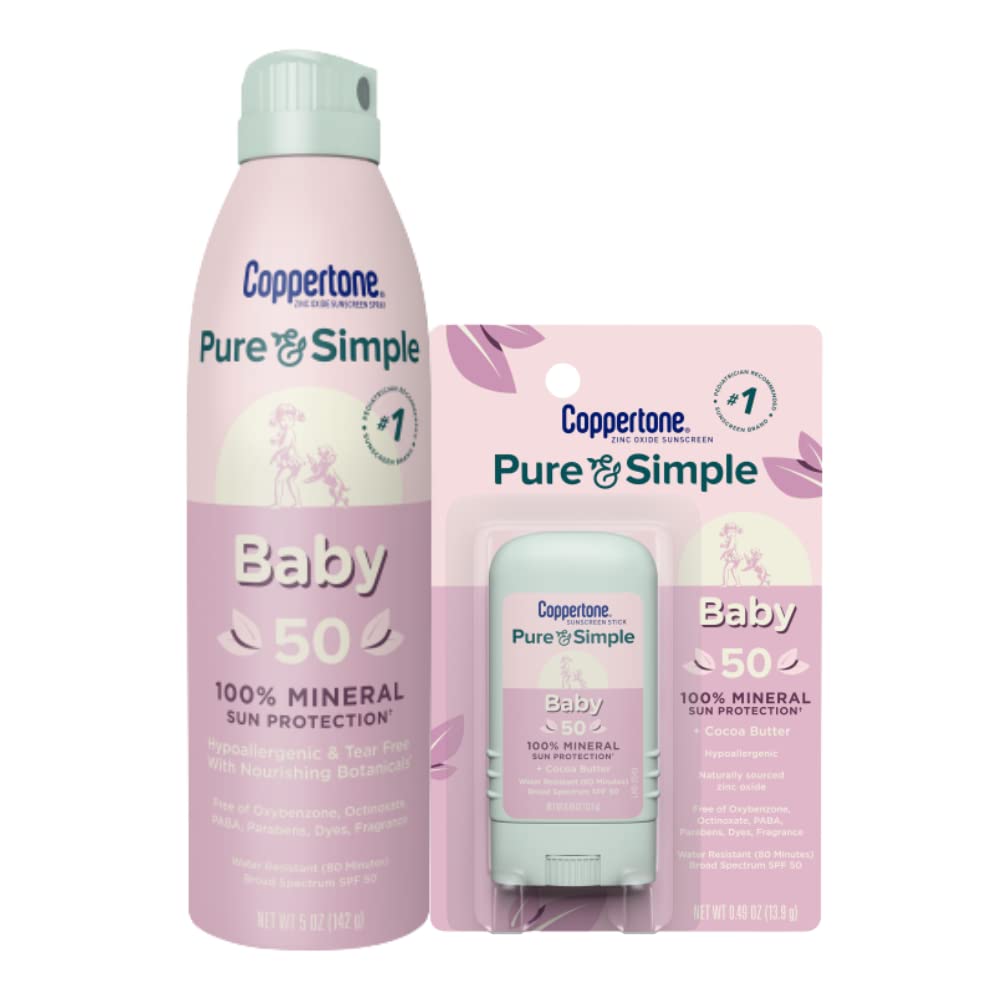 Coppertone Pure and Simple Baby Sunscreen Spray + Stick Sunscreen SPF 50, Zinc Oxide Mineral Sunscreen for Babies Bundle, Water Resistant, Tear Free Sunscreen