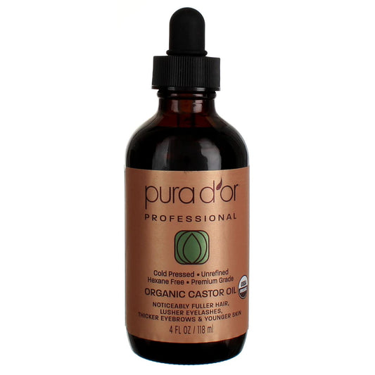 Pura D'Or Organic Castor Oil (4Oz + 2 Bonus Pre-Filled Eyelash & Eyebrow Brushes) 100% Pure, Cold Pressed, Hexane Free Serum For Fuller, Thicker Lashes & Brows & Moisturizes Skin