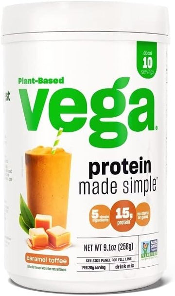 Vega Protein Made Simple, Caramel Toffee - Stevia Free Vegan Protein Powder, Plant Based, Healthy, Gluten Free, Pea Protein For Women And Men, 9.1 Oz (Packaging May Vary)