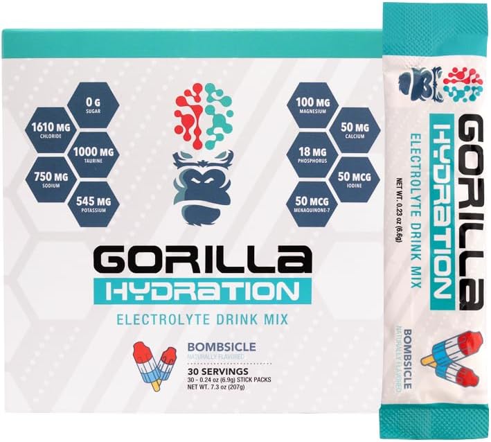 Gorilla Mind Hydration Packets - 3,073mg Electrolytes On The Go Convenient Drink Mix for Comprehensive Replenishment - Zero Sugar, Naturally Sweetened & Fasting Friendly - 30 Count (Bombsicle)