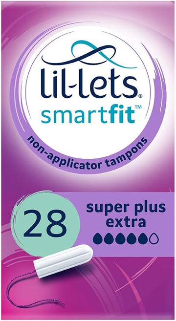 Lil-Lets Non-Applicator Super Plus Extra Tampons, 28 Count (1 Pack), for Very Heavy Flow, 5 Droplets, Plant-Based, SmartFit Non-App Tampon