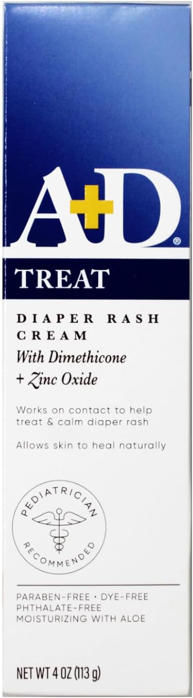 A+D Zinc Oxide Diaper Rash Treatment Cream, Dimenthicone 1%, Zinc Oxide 10%, Easy Spreading Baby Skin Care, 4 Ounce Tube (Pack Of 4) (Packaging May Vary)