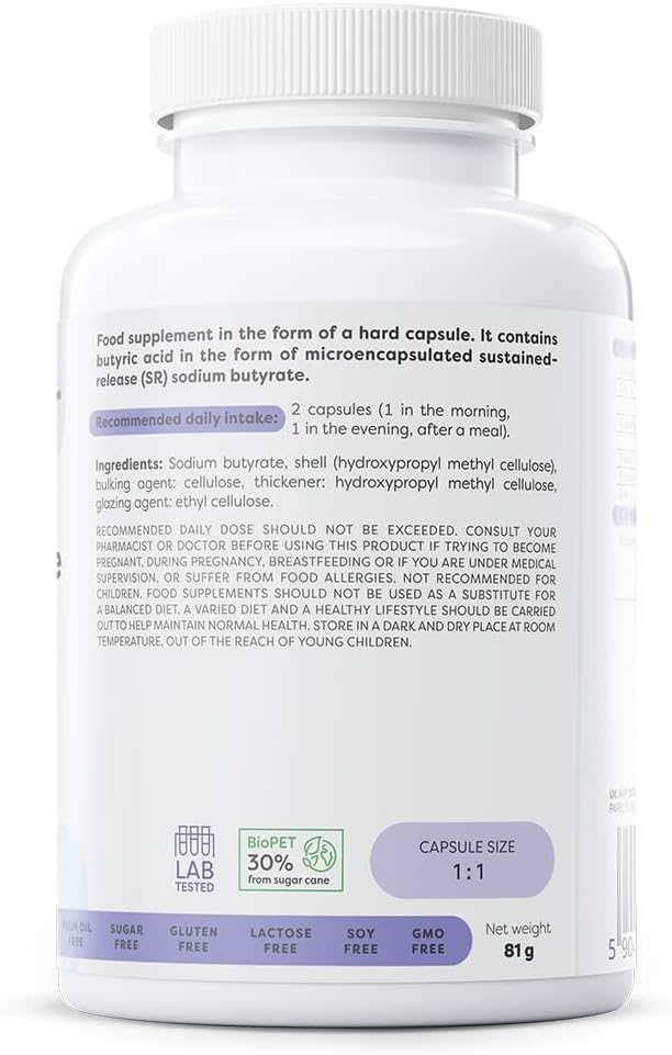 Osavi Sodium Butyrate SR 960 mg – 120 Vegan Capsules | Microencapsulated Sustained–Release Sodium Butyrate | High Butyric Acid Content | Tasteless & Odourless | Vegan, Gluten–Free, Soy–Free, GMO–Free : Amazon.co.uk: Health & Personal Care
