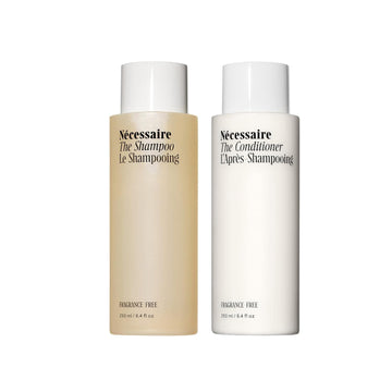 Nécessaire The Hair Duo. 2 X Full-Size. The Shampoo + The Conditioner. Hyaluronic Acid + Vitamin B Complex. Fragrance-Free. Approved By The National Eczema Association