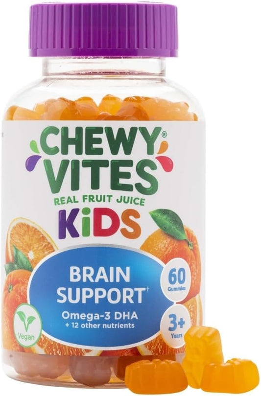 Chewy Vites Kids Brain Support, 60 Kids Vitamins Gummies, Omega-3 Dha, 13 Essential Vitamins & Minerals, 1 Months Supply, Real Fruit Juice, Vegan, Age 3 +, Citrus Flavour