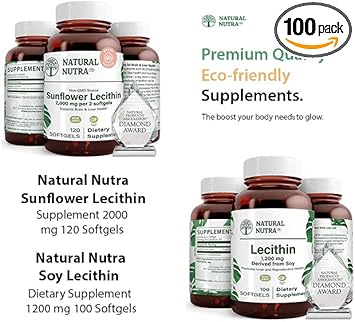 Natural Nutra Sunflower Lecithin Supplement 2000 Mg 120 Softgels Soy Lecithin Dietary Supplement 1200 Mg 100 Softgels