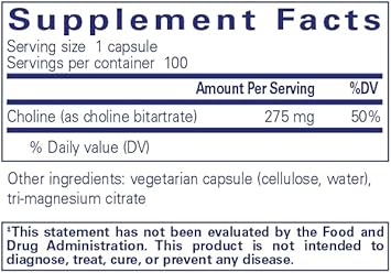 Pure Encapsulations Choline (Bitartrate) - 275 mg Choline (Bitartrate) - Supports Methylation, Brain Health & Cell Function* - Highly Bioavailable - Vegan & Non-GMO - 100 Capsules