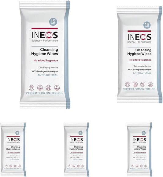 Ineos Cleansing Hygiene Wipes X15, Fragrance Free, Antibacterial, Biodegradable, Perfect For On-The-Go, Packaging May Vary, Packaging May Vary (Pack Of 5)