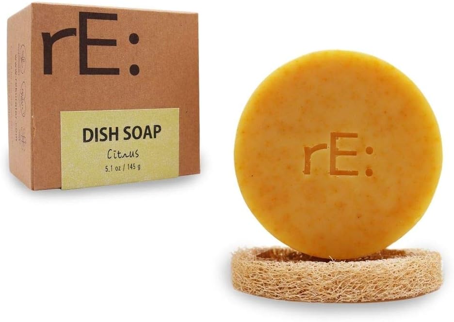 rE: Eco-Friendly Dish Washing Soap Bar with Loofah Holder - Palm Oil Free, Zero Waste, Plastic Free, Free of Artificial Dyes and Fragrance, and Citrus Scented