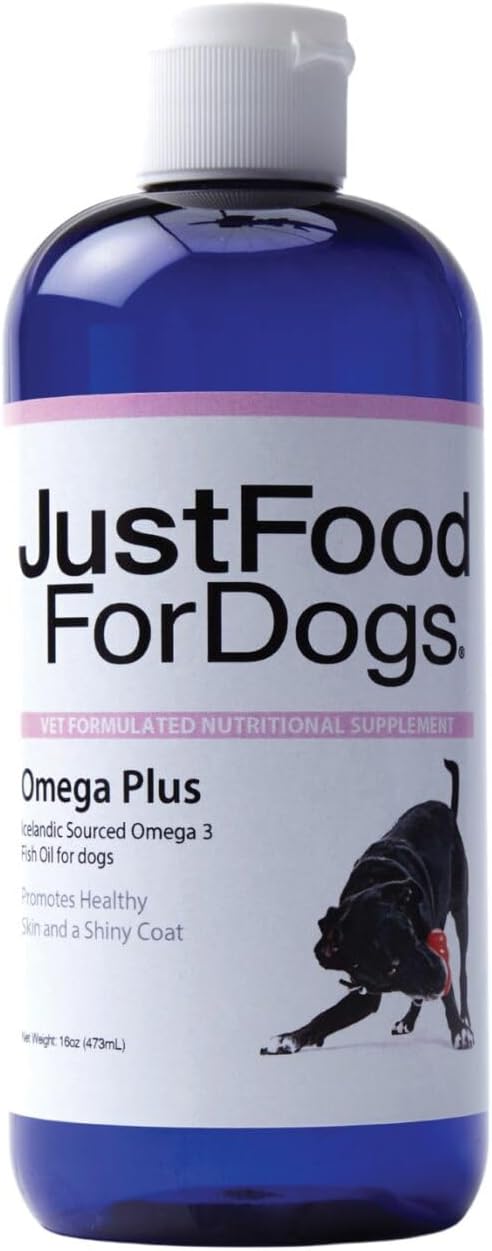 JustFoodForDogs Omega Plus Premium Fish Oil for Dogs Omega 3 Supplement, Liquid, 16 oz