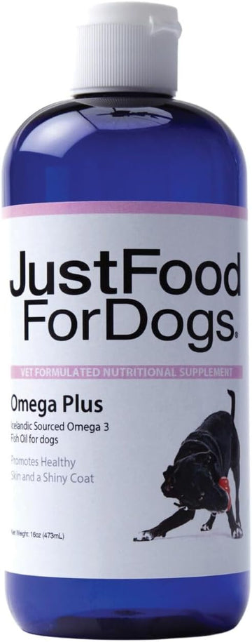 JustFoodForDogs Omega Plus Premium Fish Oil for Dogs Omega 3 Supplement, Liquid, 16 oz