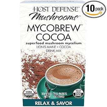 Host Defense, MycoBrew Cocoa Drink Mix, Supports Calm and Relaxation, With Lion’s Mane Mushroom, 5 - 10 Packets (0.5 each)