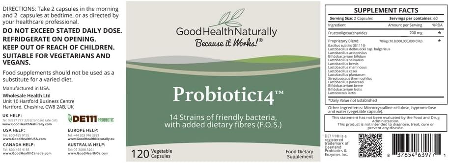 Probiotic 14 Tablets - For Digestive And Colon Cleanse, Weight Loss Support, Immune System Booster | 120 Veggie Capsules - Good Health Naturally