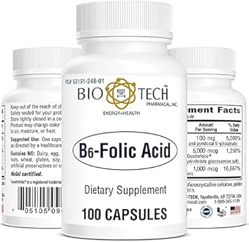 Bio-Tech Pharmacal B6-Folic Acid, 100 Capsules – All-Natural Supplement – Supports Cardiovascular, Bone, & Nervous System Health – No Dairy, Fish, Gluten, Peanut, Shellfish, Halal, & Soy – No : Health & Household