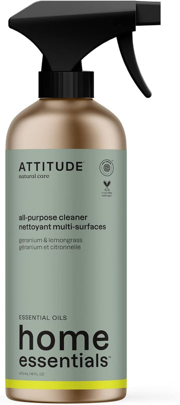 ATTITUDE Multi-Purpose Cleaner with Essential Oils, EWG Verified, Plant and Mineral-Based Ingredients, Vegan Household Products, Refillable Aluminum Bottle, Geranium and Lemongrass, 16 Fl Oz