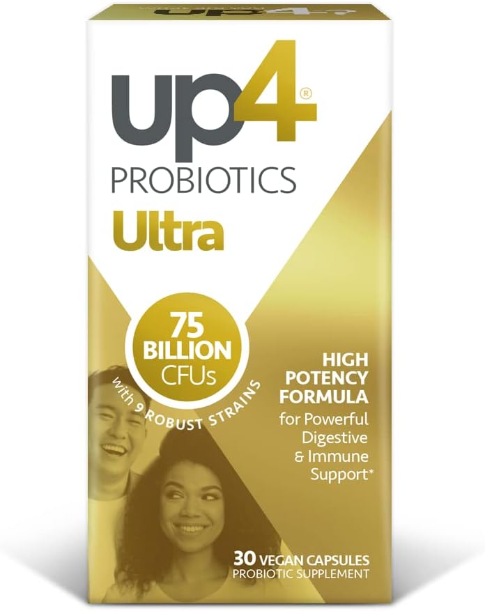 up4 Ultra High Potency Probiotic Supplement for Men & Women, Immune + Digestive Support, 75 Billion CFUs Guaranteed, 9 Probiotic Strains, Non-GMO, Gluten Free, Vegan, 30 Count (Amazon Exclusive)