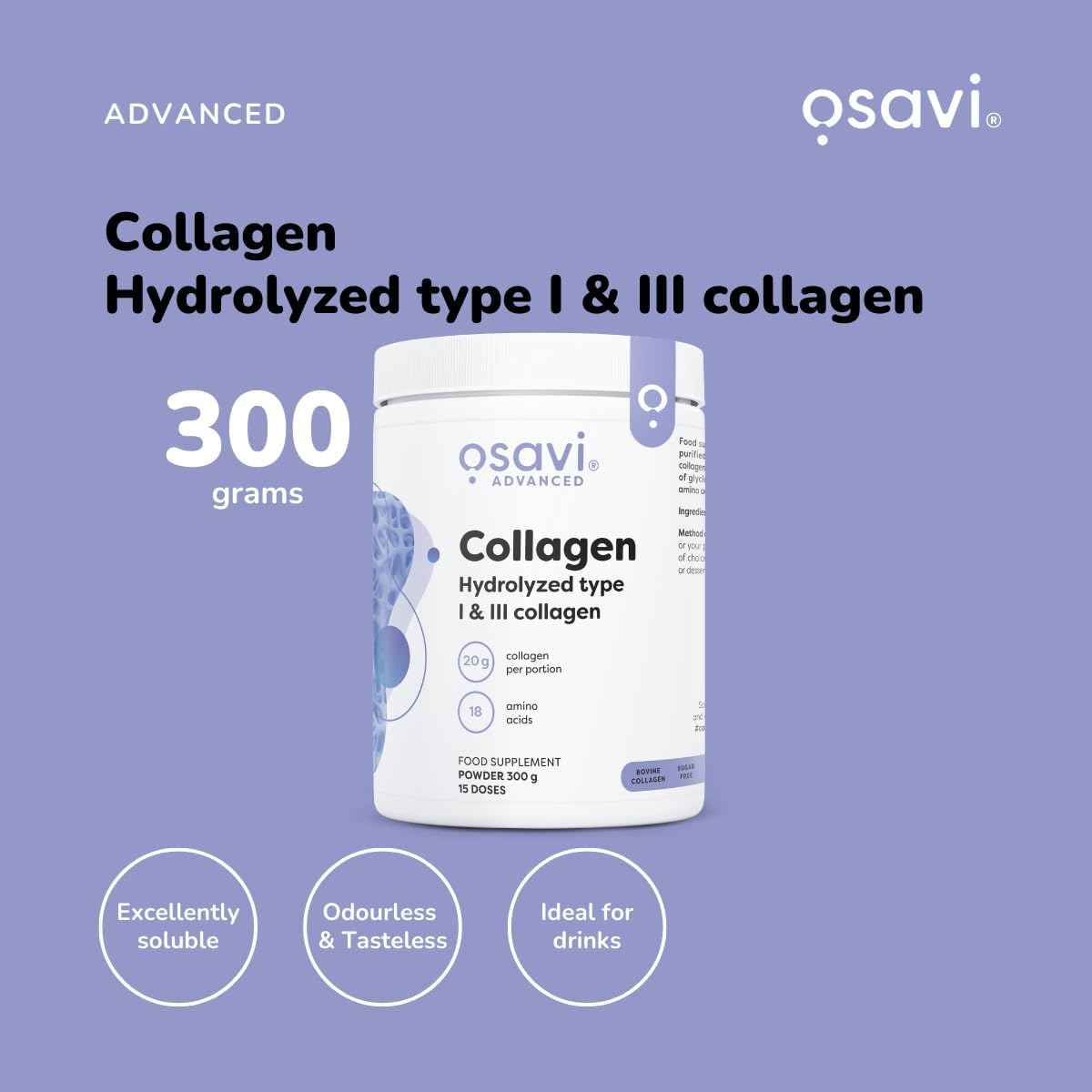 Osavi Collagen Peptides, Hydrolyzed Type 1 & 3 – Powder 300g | 20g Collagen per Serving | 18 Amino Acids, Including Glycine, Proline | Supports Muscles and Bones | Neutral Taste | Easily Soluble : Amazon.co.uk: Health & Personal Care