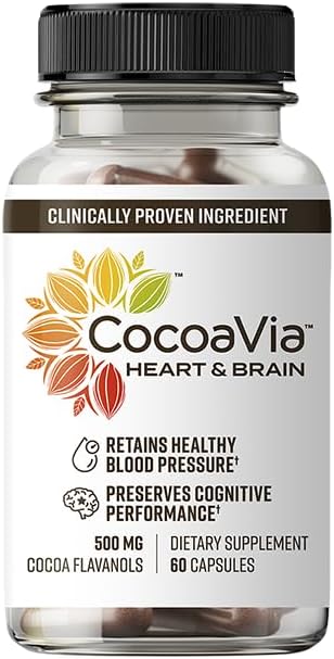 Cocoavia Heart & Brain Supplement, 30 Day, Cocoa Flavanol Extract, Memory & Circulation Booster, Nitric Oxide, Boost Oxygen & Energy, Plant Based, Gluten Free, Vegan, 60 Capsules