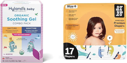 Hyland's Baby - Organic Day/Night Soothing Gel Combo Pack, Natural Relief of Oral Discomfort (2 Tubes of 0.53 oz.) + Hello Bello Premium Baby Diapers Size 6, 17 Count : Baby