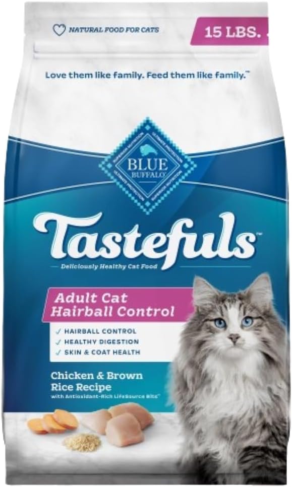 Blue Buffalo Tastefuls Natural Dry Food For Adult Cats, Hairball Control, Chicken & Brown Rice Recipe, 15-Lb. Bag