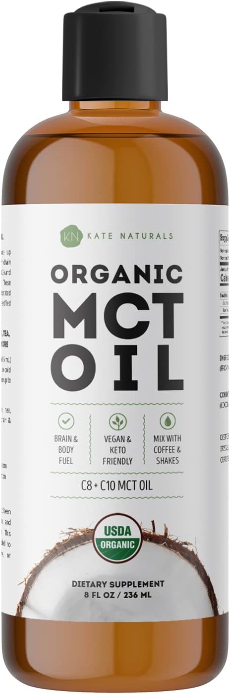 Kate Naturals MCT Oil for Coffee & Keto (8oz) USDA Certified Organic MCT Oil Liquid with only C8 & C10. Odorless Fuel for Body & Mind. No Aftertaste