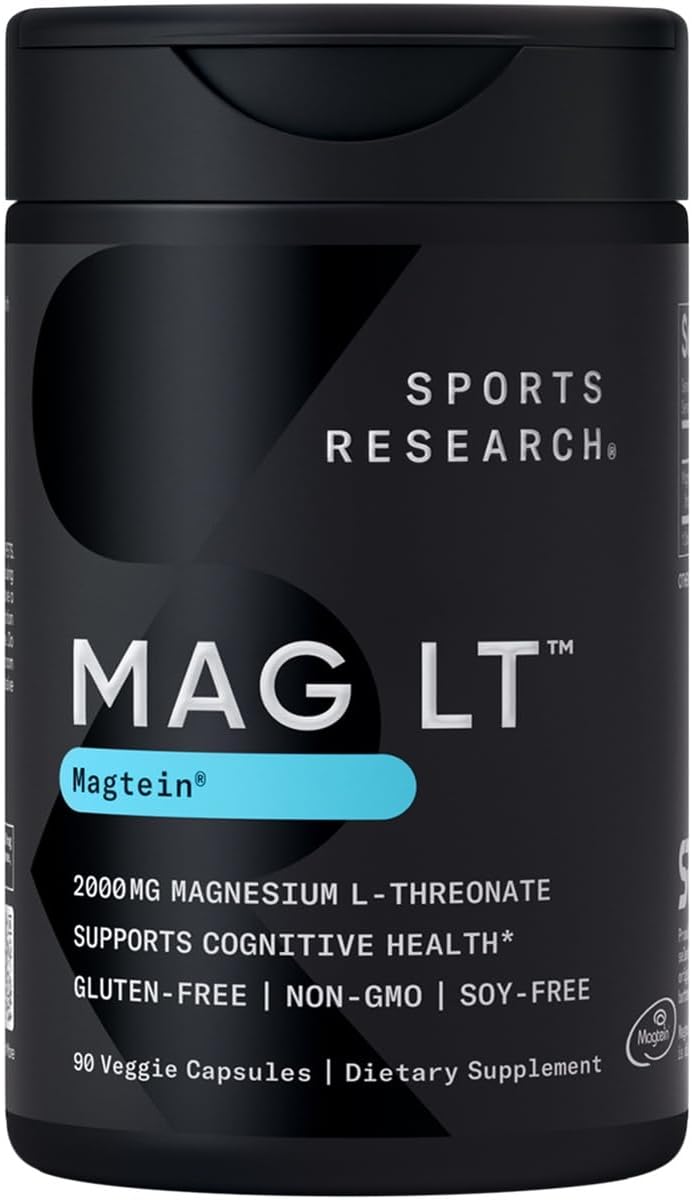 Sports Research Magtein Magnesium L-Threonate Capsules - Magnesium Supplement For Memory, Focus & Cognition - Magnesium L Threonate Supports Brain Health, Sleep & Mood - 2000Mg
