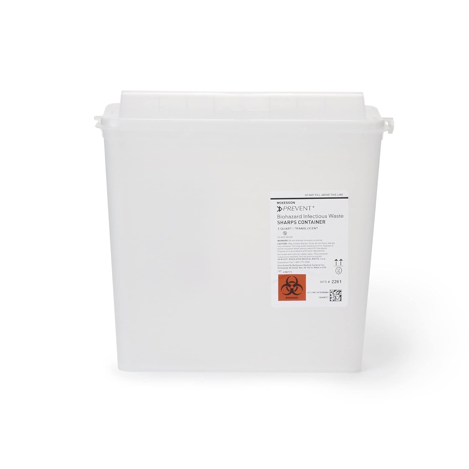 McKesson Prevent Sharps Container - Plastic, Horizontal Entry, Counter-Balanced Door Lid - White, 1.25 gal, 10 1/2 in x 4 3/4 in x 10 3/4 in, 1 Count