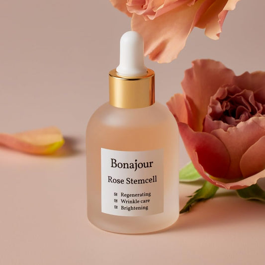 Bonajour Vegan Beauty Rose Stem Cell Ampoule - Best Face Anti-Wrinkle & Aging, Brightening Care/Total Care Serum 1.0 Fl. Oz