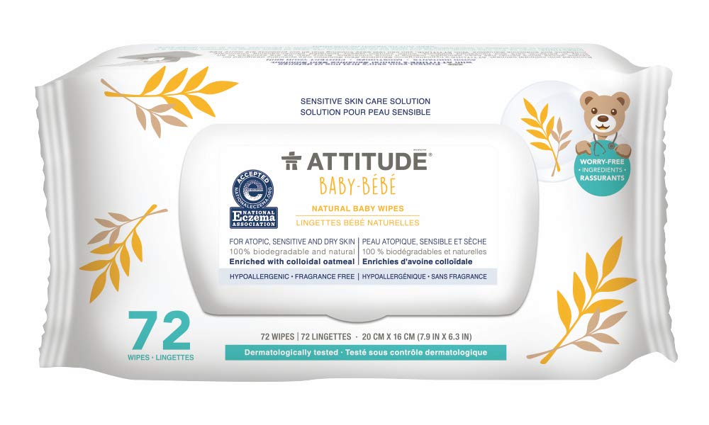 Attitude Oatmeal Sensitive Natural Baby Care Wipes, Vegan And Cruelty-Free, Unscented, 72 Wipes