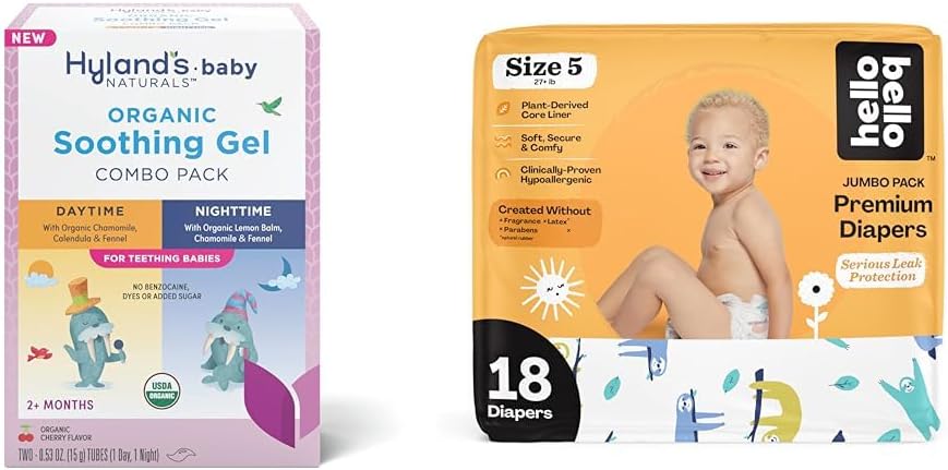 Hyland's Baby - Organic Day/Night Soothing Gel Combo Pack, Natural Relief of Oral Discomfort (2 Tubes of 0.53 oz.) + Hello Bello Premium Baby Diapers Size 5, 18 Count : Baby