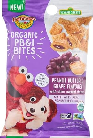 Earth's Best Organic Kids Snacks, Sesame Street Toddler Snacks, Organic PB&J Bites for Toddlers 2 Years and Older, Peanut Butter and Grape Flavored with Other Natural Flavors, 3 oz Bag