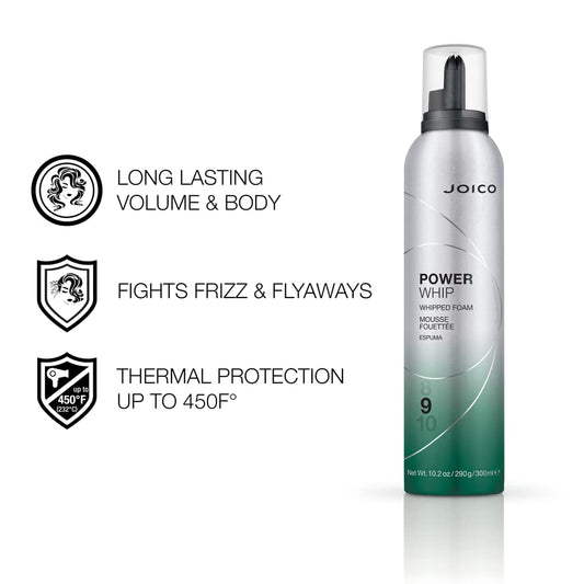 Joico Power Whip Whipped Foam | For Most Hair Types | Add Volume & Body | Thermal Heat, Humidity, & Pollution Protection | Boost Shine | Control Frizz & Flyaways | Silicone & Paraben Free